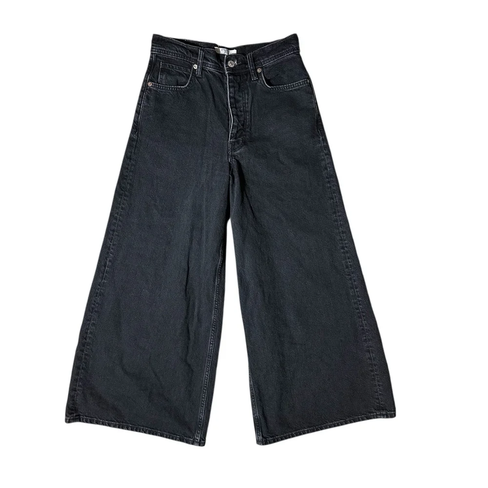 Free People Button Fly High Rise Super Wide Leg Cropped Landry Jeans Sz 27 Black - Picture 3 of 9